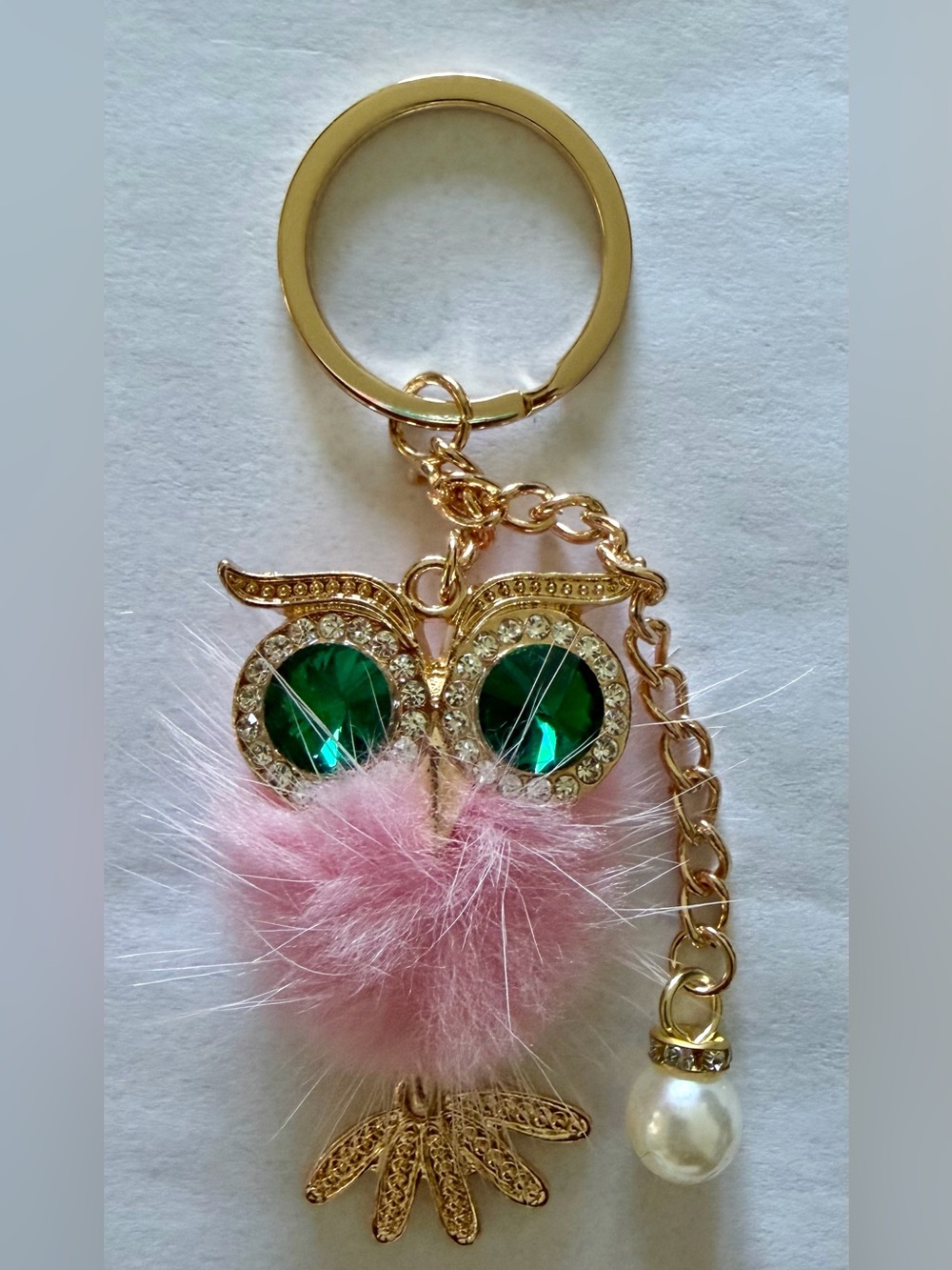 Gold-Tone Owl Keychain with Pink Fur and Green Crystal Eyes